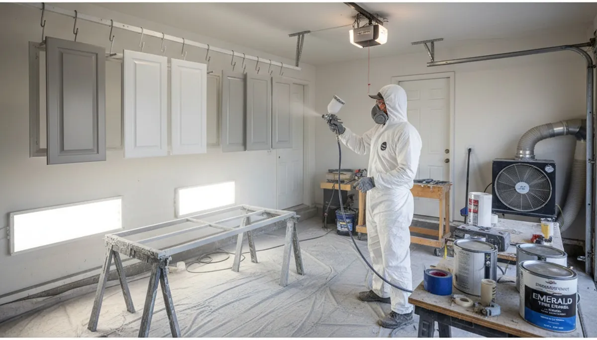 Painter applying smooth cabinet finish with spray technique in Spokane, WA kitchen renovation