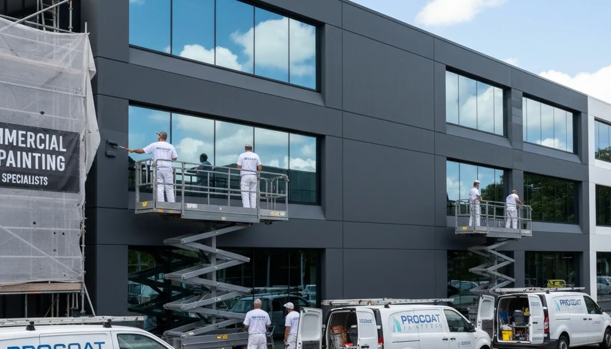 Professional commercial painters coating Spokane WA office exterior for durable, weather-resistant finish