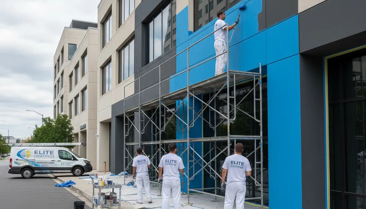 Professional commercial painters in Spokane WA applying durable exterior coatings to business building