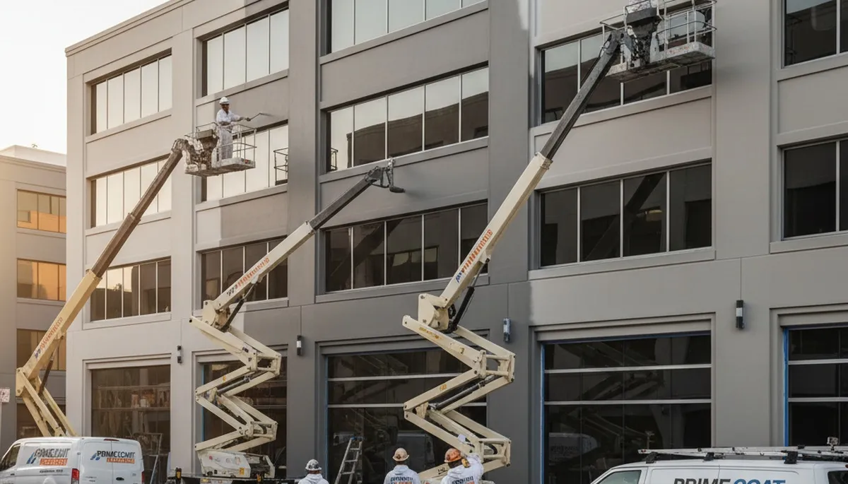 Professional commercial painters working on Spokane, WA office exterior with weather-resistant coating