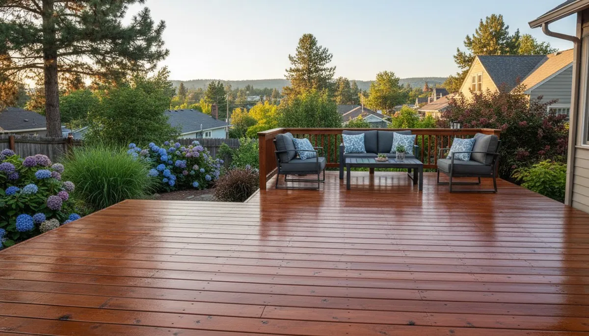 Finished deck staining in Spokane, WA showcasing restored wood color and weather-protected outdoor deck