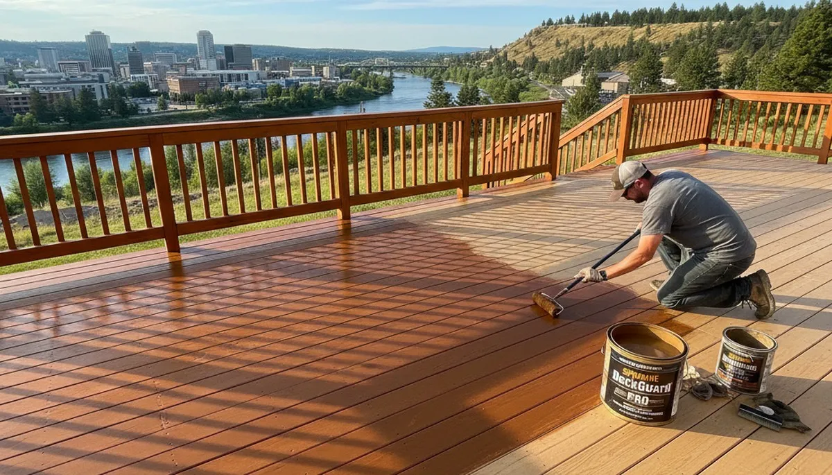 Professional deck staining in Spokane WA enhancing wood color and protecting outdoor decks from weather damage