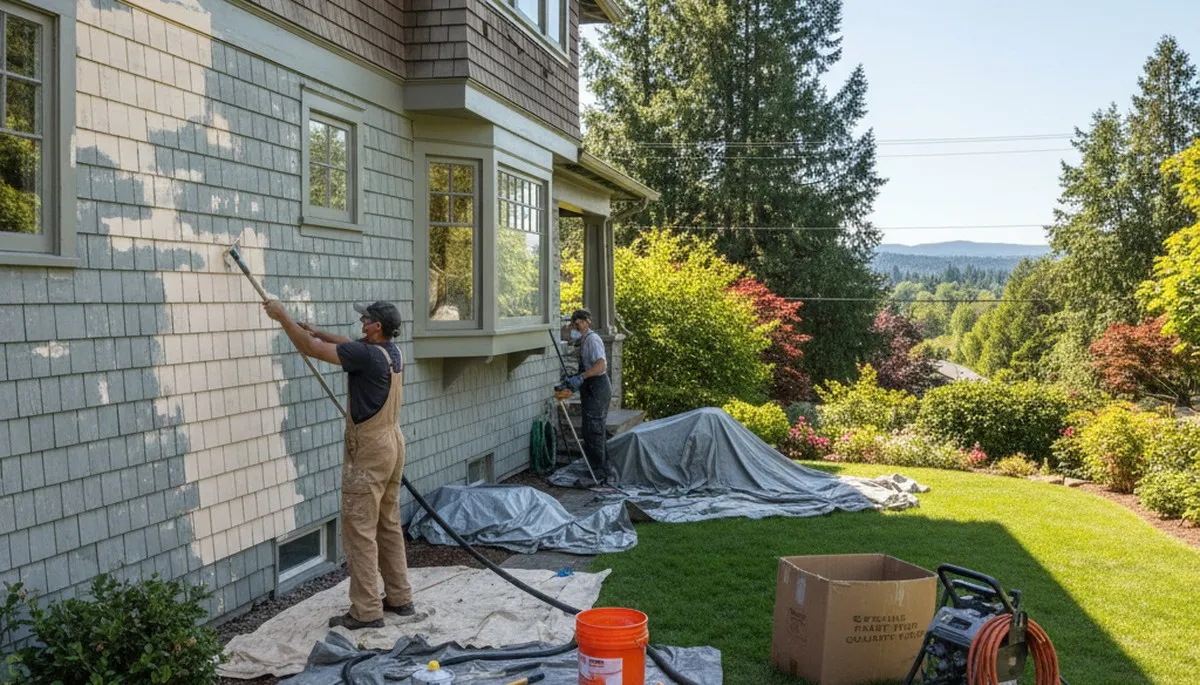 Painter preparing exterior surface for new paint on Spokane, WA home for long-lasting finish